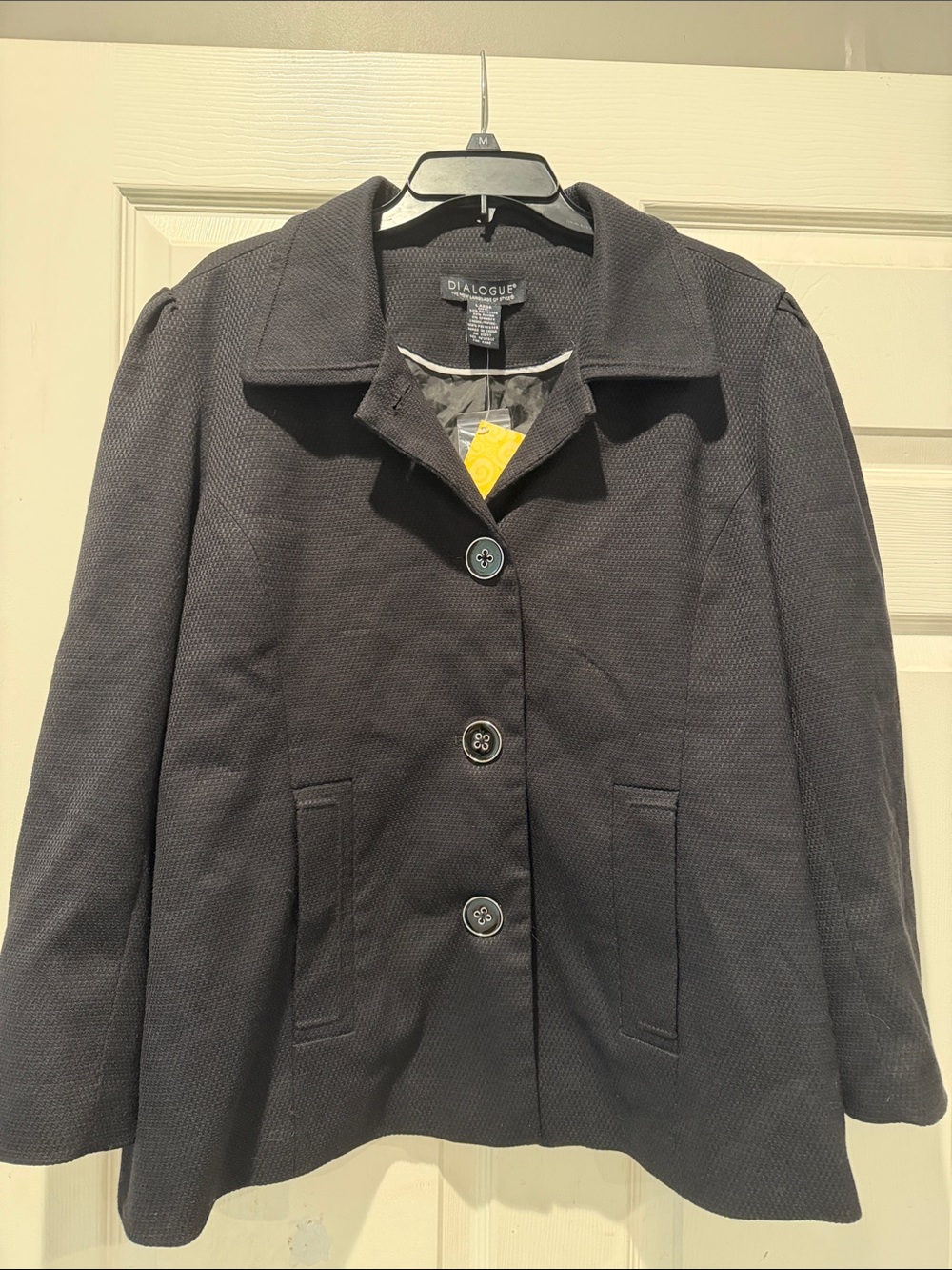 Dialogue Women's Black Textured Pea Coat with Button Front